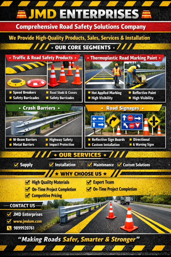 Road Safety Products Supplier & Traffic Safety Equipment Company in India Providing Road Marking, Crash Barriers and Road Signage with Installation Services-jmdom.com