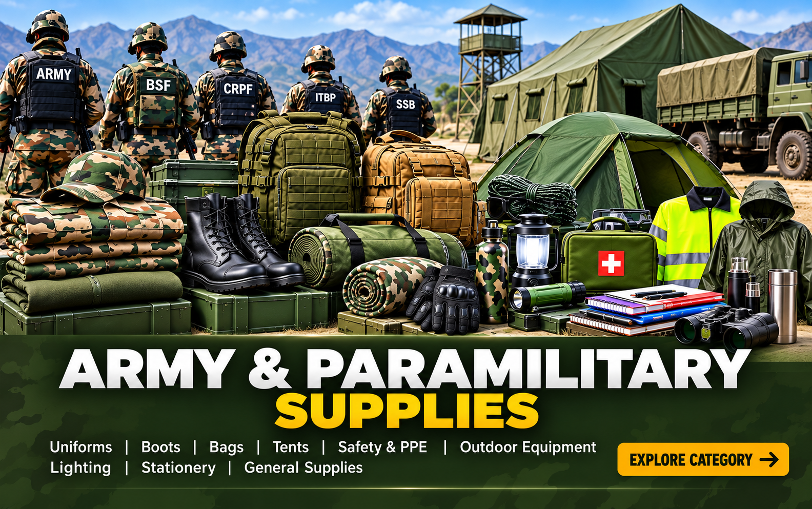 Army and paramilitary supplies from India including uniforms, boots, bags, tents, safety PPE and outdoor equipment