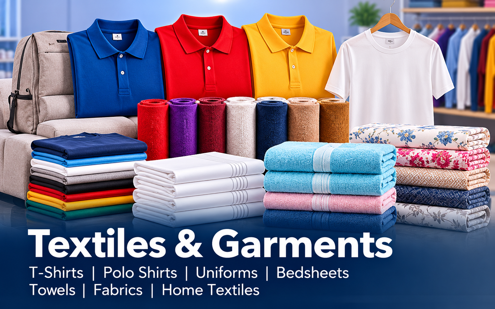 Indian textiles and garments including T-shirts, polo shirts, uniforms, bedsheets, towels and fabrics